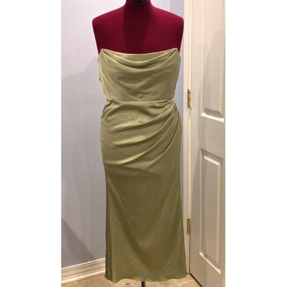 Azazie Olive Green Satin‎ Strapless Cowl Maxi Dress Bridesmaid Formal Gown 8